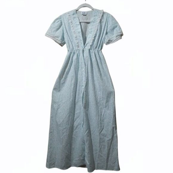 VTG Ballet New York Blue Floral Lace Cottage core Pajama Dress Button Down M - Picture 2 of 10